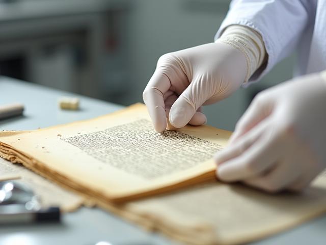 Specialist curator handling a manuscript with protective gloves